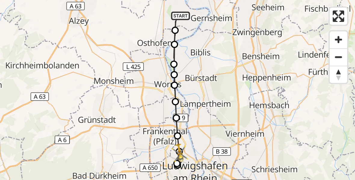 Flugroute Rettungshubschrauber Eich - Ludwigshafen am Rhein, 17 August 2026, 16:06
