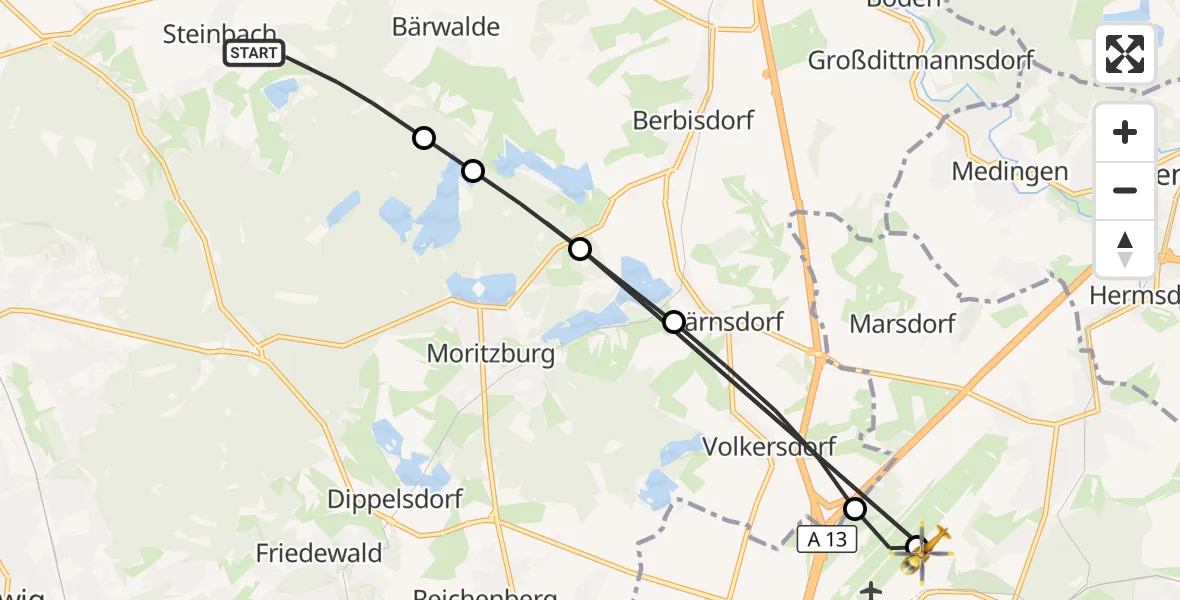 Flugroute Rettungshubschrauber Moritzburg - Dresden Bundespolizei Hubschrauberlandeplatz, 17 August 2026, 16:07