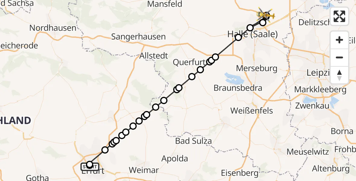 Flugroute Rettungshubschrauber Helios Clinic Erfurt - Halle-Oppin Flugplatz, 17 August 2026, 16:08