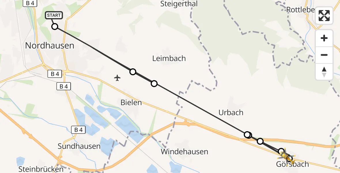 Flugroute Rettungshubschrauber Südharz Hospital Nordhausen - Görsbach, 17 August 2026, 16:09