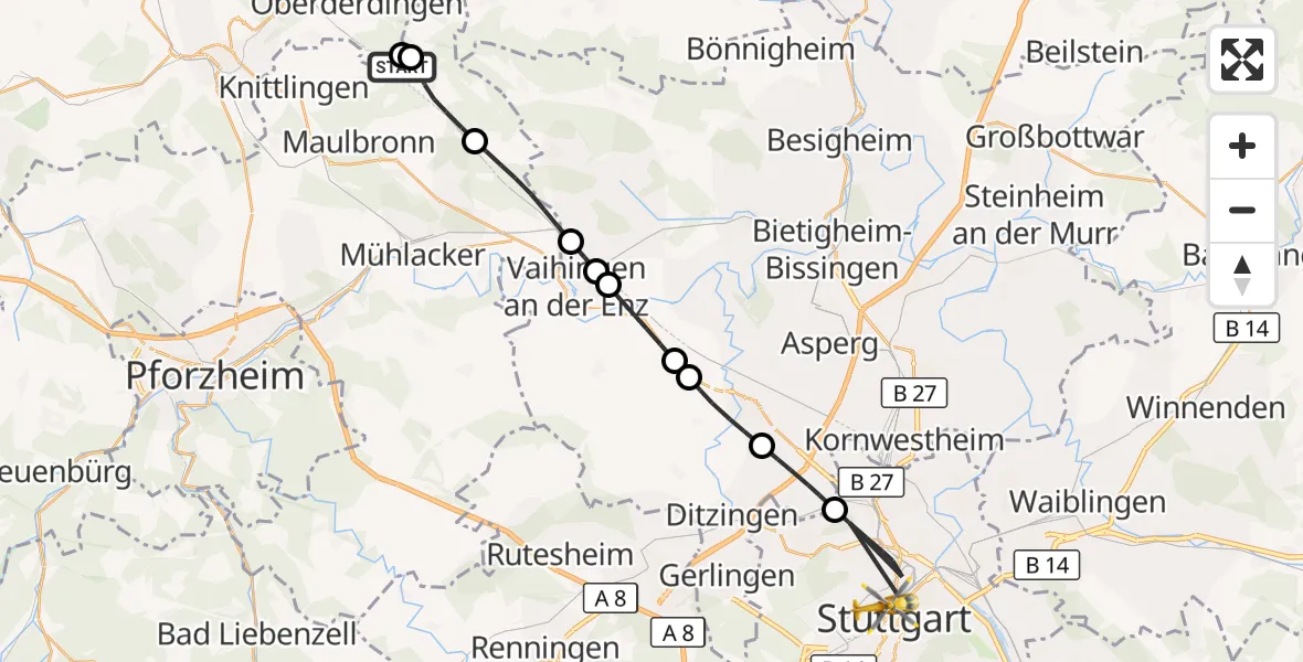 Flugroute Rettungshubschrauber Knittlingen - Stuttgart, 17 August 2026, 16:11