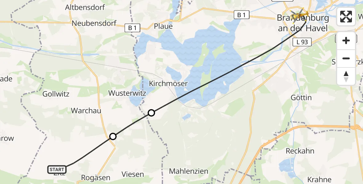 Flugroute Rettungshubschrauber Rosenau - Brandenburg an der Havel, 17 August 2026, 16:39