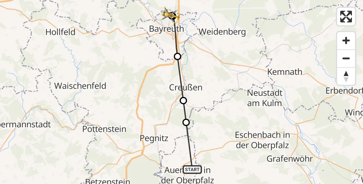 Flugroute Ambulanzhubschrauber Auerbach i.d.OPf. - Hohe Warte Hospital, 17 August 2026, 16:39