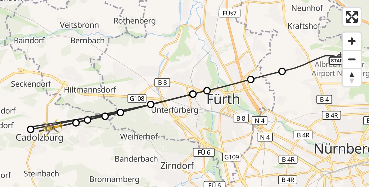 Flugroute Ambulanzhubschrauber Flughafen Nuremberg - Cadolzburg, 17 August 2026, 16:40