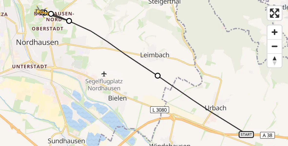 Flugroute Rettungshubschrauber Urbach - Südharz Hospital Nordhausen, 17 August 2026, 16:46