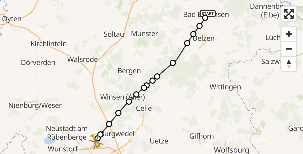 Flugroute Rettungshubschrauber Bad Bevensen - Flughafen Hannover, 17 August 2026, 16:54