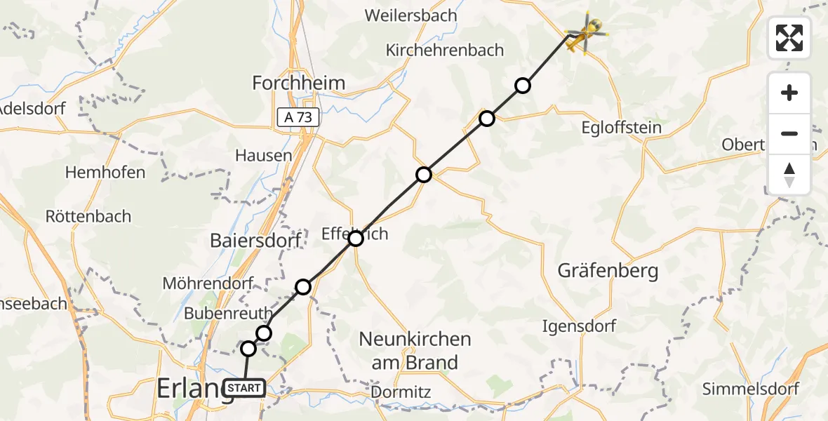 Flugroute Rettungshubschrauber Erlangen University Hospital Ebrardstraße - Pretzfeld, 17 August 2026, 16:58