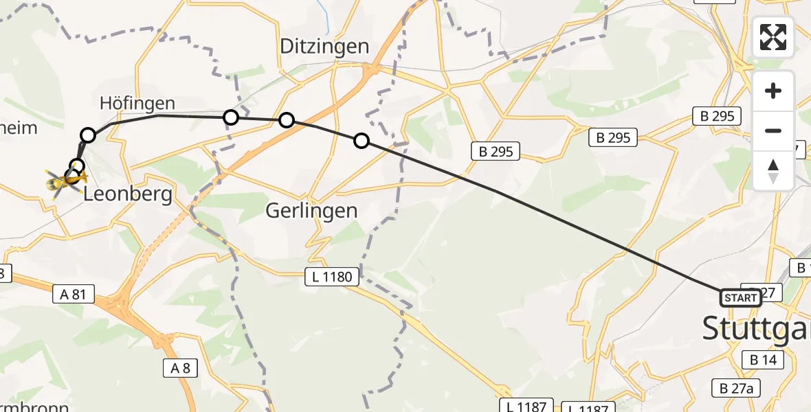 Flugroute Rettungshubschrauber Stuttgart - Leonberg Hospital, 17 August 2026, 17:05