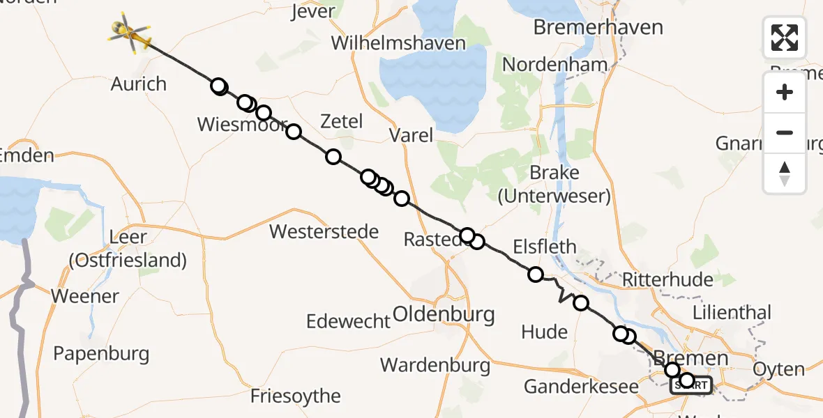 Flugroute Rettungshubschrauber Bremen - Aurich, 17 August 2026, 17:09