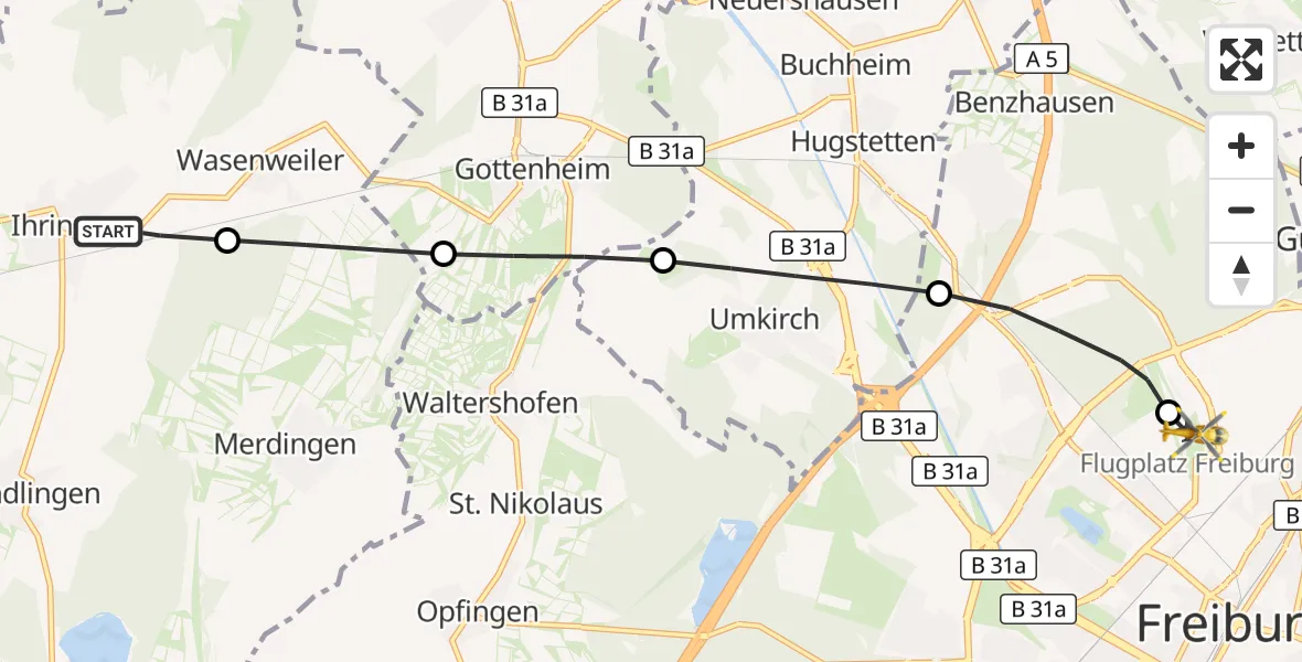 Flugroute Ambulanzhubschrauber Ihringen - Freiburg im Breisgau Flugplatz, 17 August 2026, 17:13