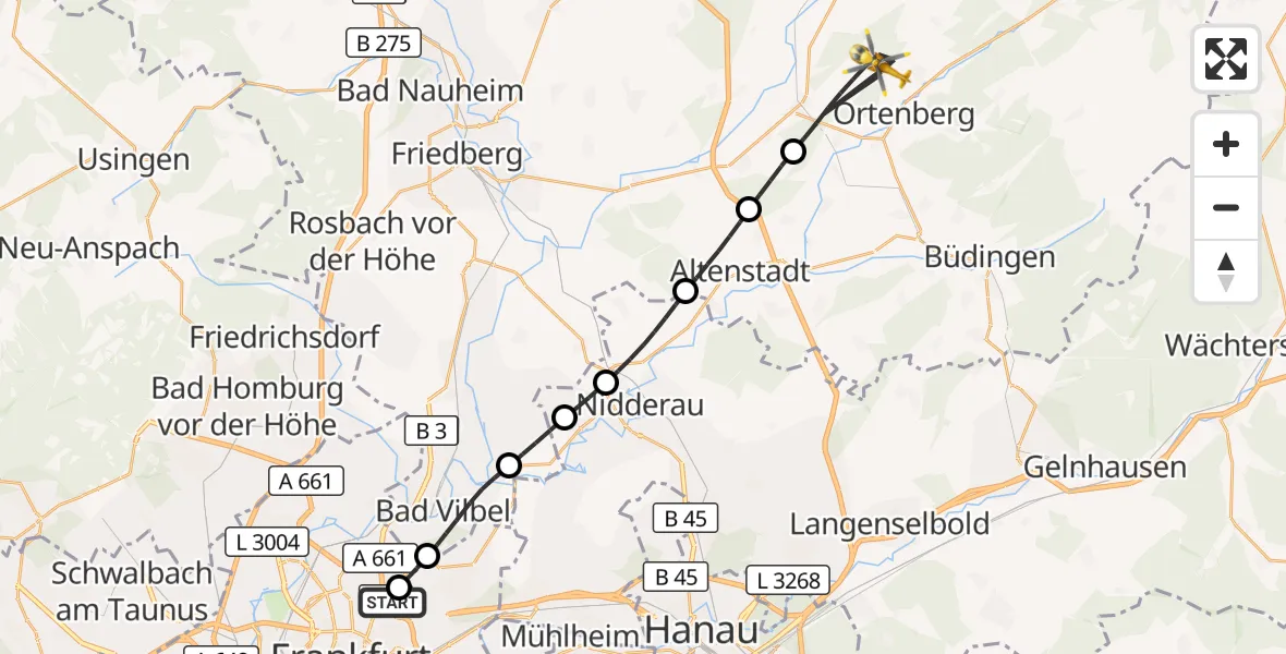 Flugroute Rettungshubschrauber Frankfurt am Main Accident Hospital Roof Helipad (CHX2) - Ranstadt, 17 August 2026, 17:18