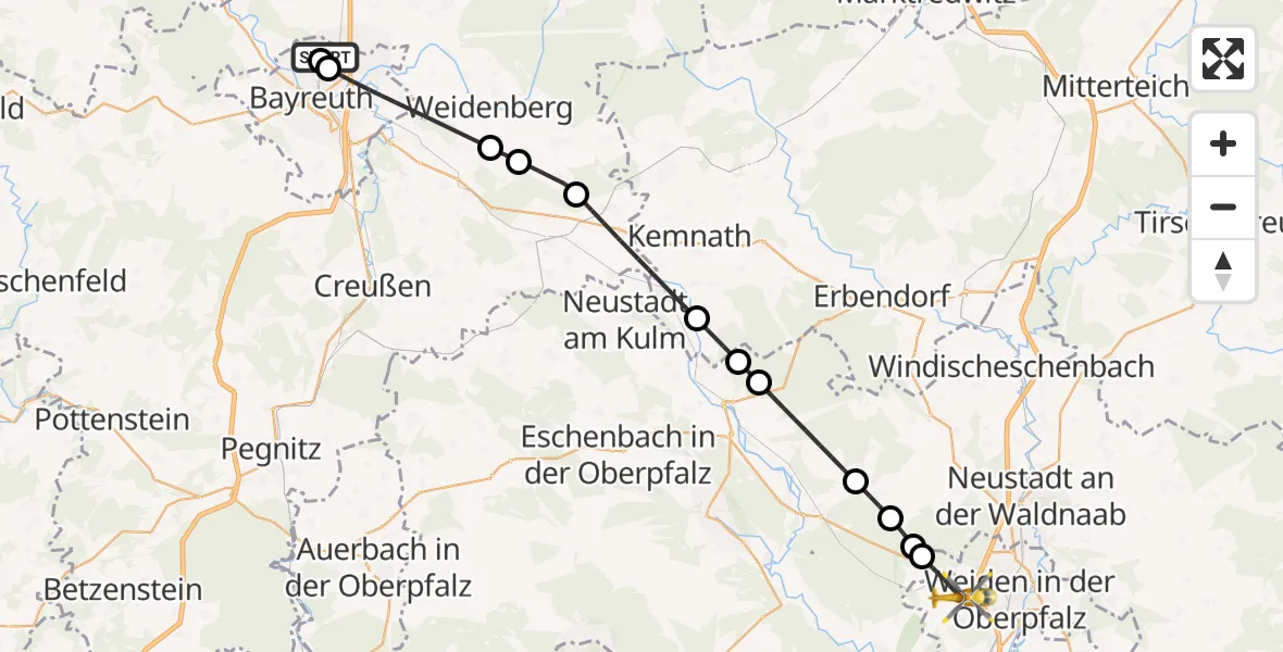 Flugroute Ambulanzhubschrauber Hohe Warte Hospital - Weiden in der Oberpfalz Flugplatz, 17 August 2026, 17:19