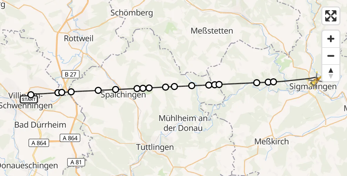 Flugroute Ambulanzhubschrauber DRF Air Rescue Station Villingen-Schwenningen Hubschrauberlandeplatz (Christoph 11) - Sigmaringen, 17 August 2026, 17:22