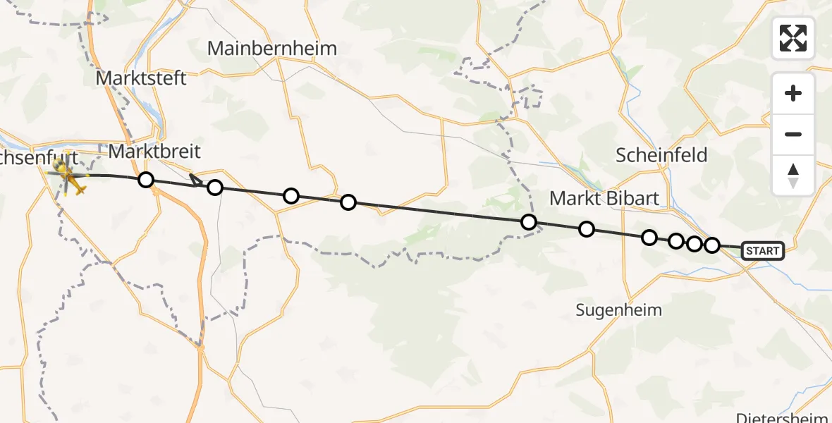 Flugroute Rettungshubschrauber Baudenbach - Ochsenfurt Hospital Hubschrauberlandeplatz, 17 August 2026, 17:27