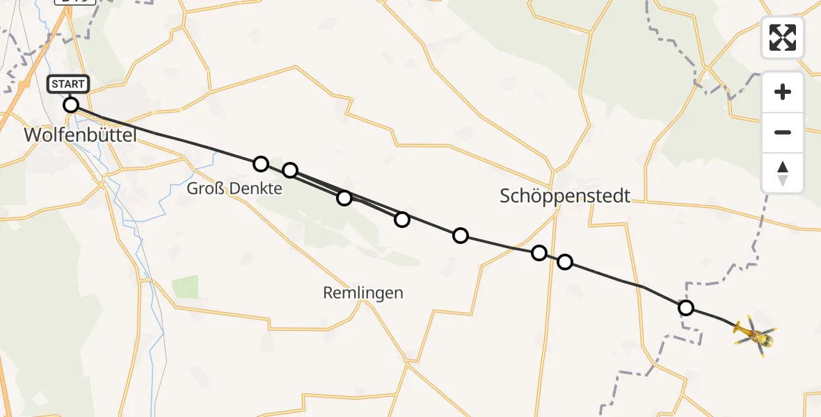 Flugroute Rettungshubschrauber Wolfenbüttel Municipal Hospital Heliport (Christoph 30) - Söllingen, 17 August 2026, 17:28