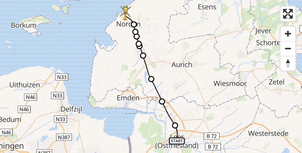 Flugroute Ambulanzhubschrauber Leer (Ostfriesland) - Norden, 17 August 2026, 17:36
