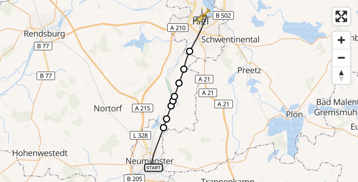 Flugroute Ambulanzhubschrauber Neumünster - Kiel, 17 August 2026, 17:37