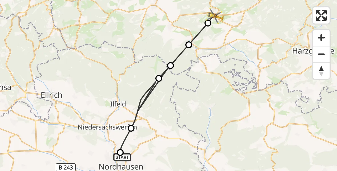 Flugroute Rettungshubschrauber Südharz Hospital Nordhausen - Thale, 17 August 2026, 17:39