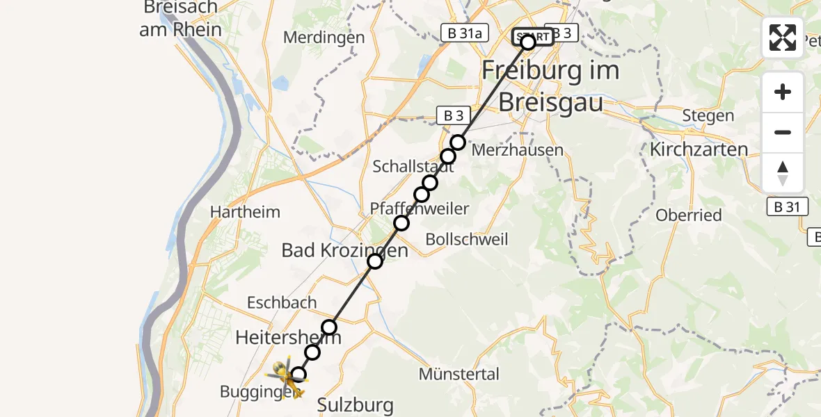 Flugroute Ambulanzhubschrauber Freiburg im Breisgau Flugplatz - Buggingen, 17 August 2026, 17:59
