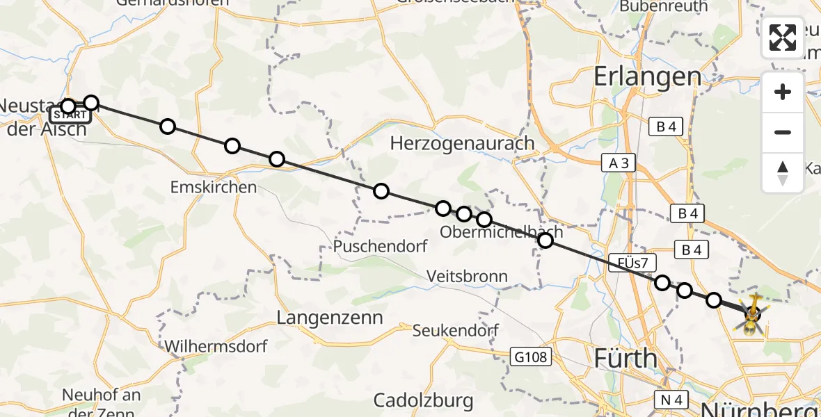 Flugroute Ambulanzhubschrauber Neustadt Hospital - Flughafen Nuremberg, 17 August 2026, 18:09