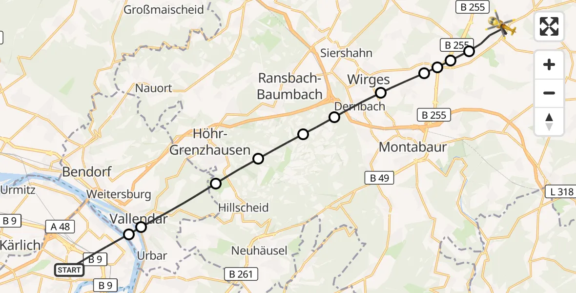 Flugroute Rettungshubschrauber Koblenz - Meudt, 17 August 2026, 18:13