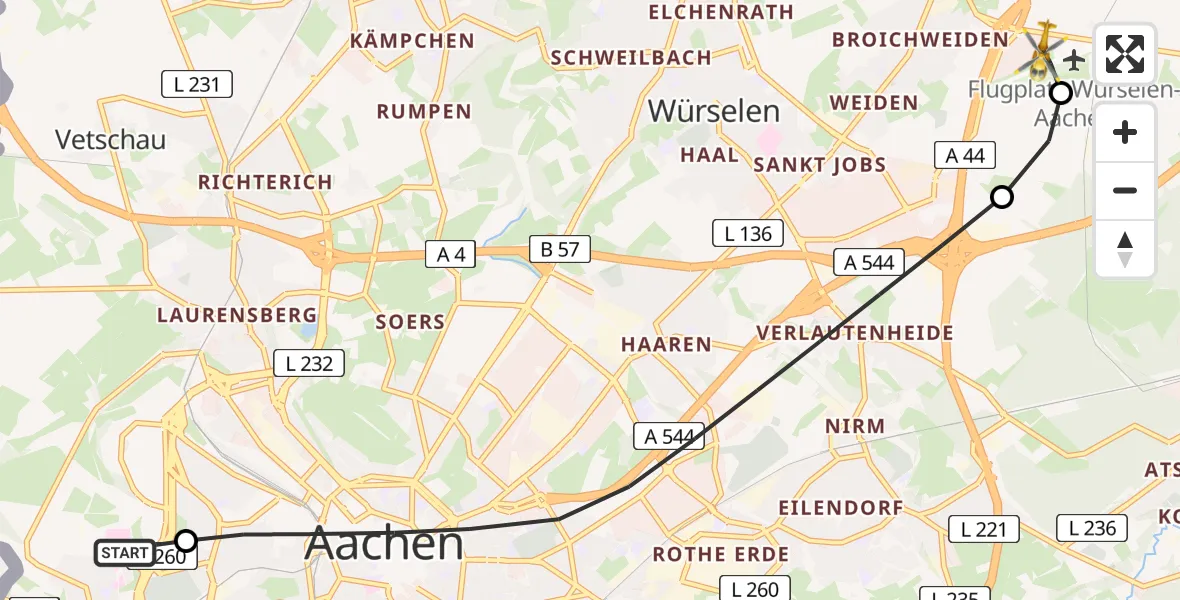 Flugroute Rettungshubschrauber Aachen Hospital - Aachen-Merzbrück Flughafen, 17 August 2026, 18:17