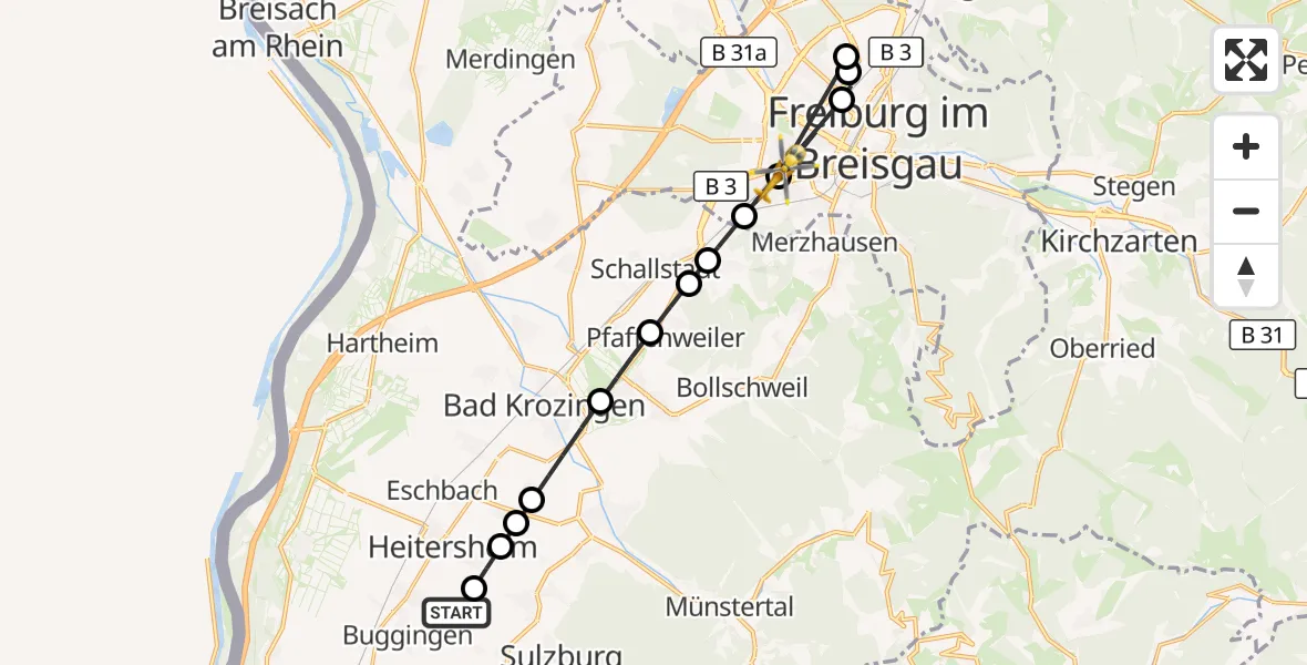 Flugroute Ambulanzhubschrauber Buggingen - Freiburg im Breisgau, 17 August 2026, 18:31