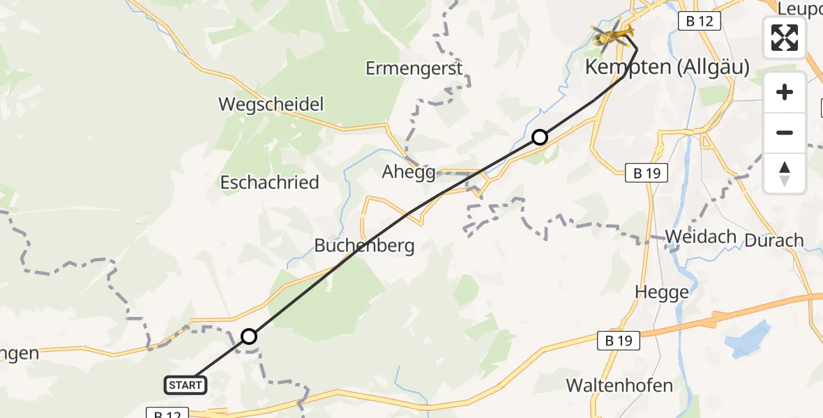 Flugroute Rettungshubschrauber Weitnau - Kempten (Allgäu), 17 August 2026, 18:34