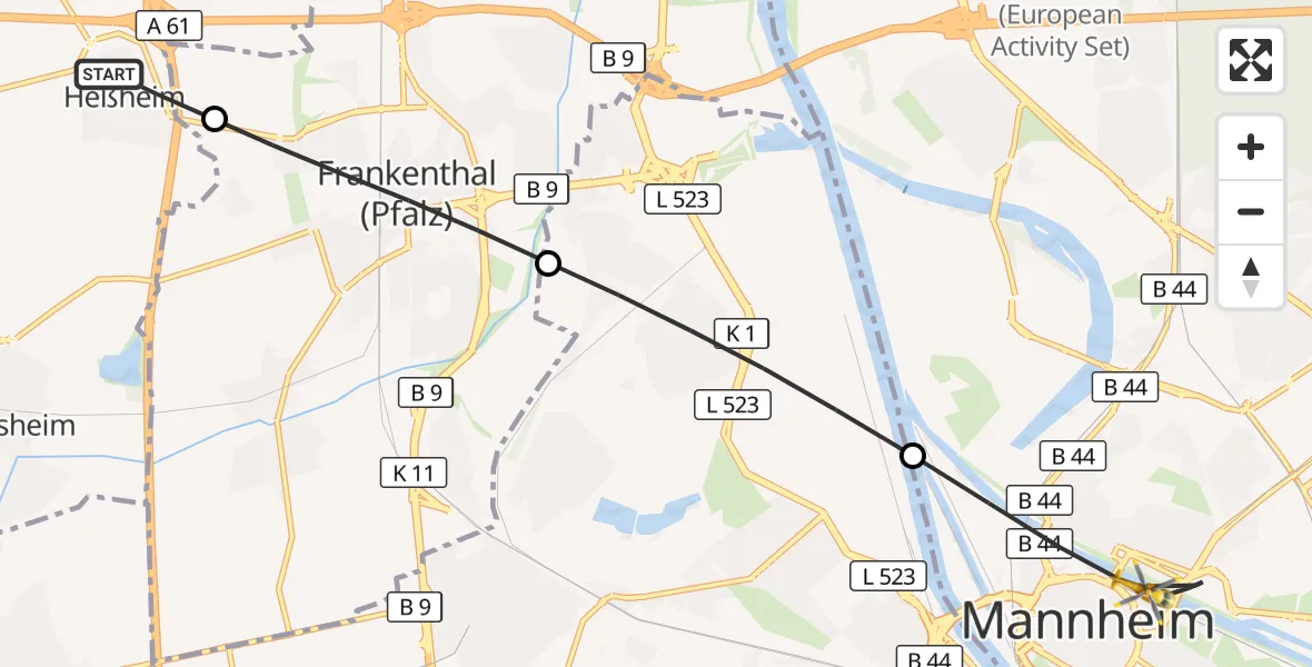 Flugroute Rettungshubschrauber Heßheim - Mannheim, 17 August 2026, 18:37