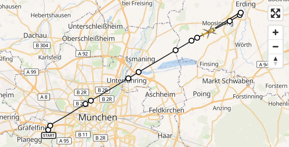 Flugroute Rettungshubschrauber DRF Air Rescue München Hubschrauberlandeplatz - Moosinning, 17 August 2026, 18:39