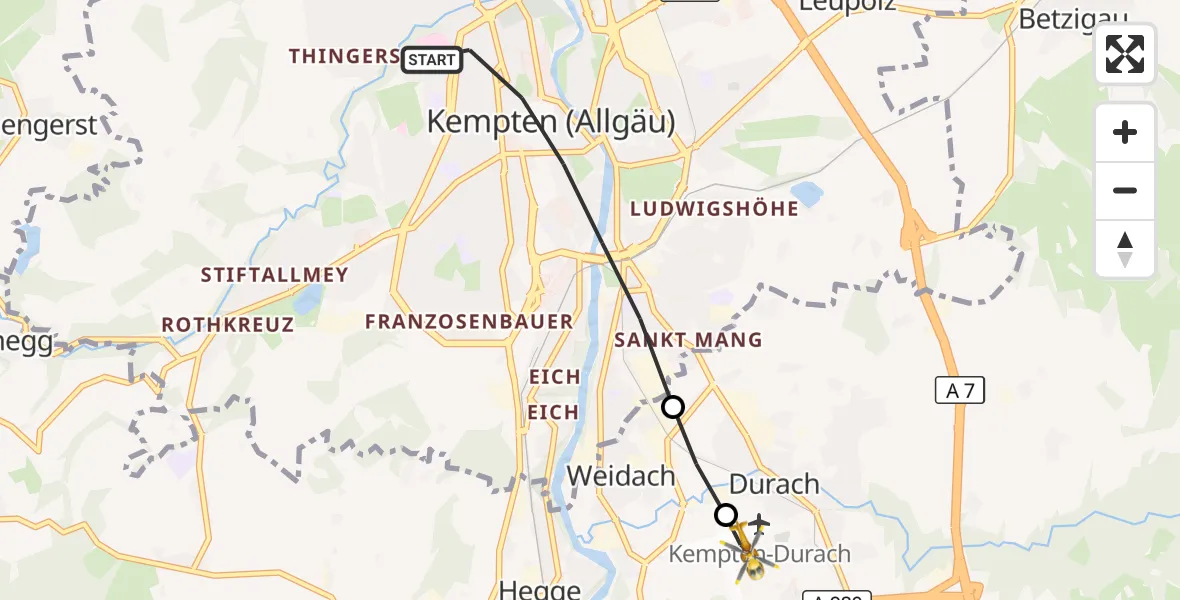 Flugroute Rettungshubschrauber Kempten (Allgäu) - Kempten-Durach Flugplatz, 17 August 2026, 18:52