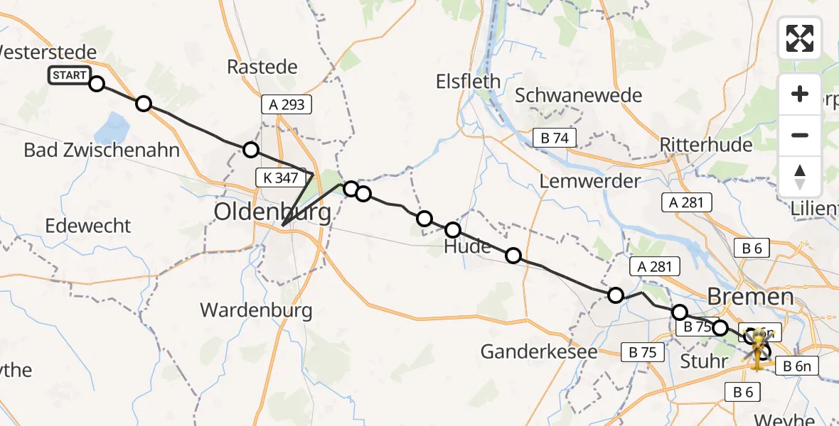 Flugroute Rettungshubschrauber Westerstede - ADAC Air Rescue Station Bremen Hubschrauberlandeplatz (Christoph 6), 17 August 2026, 18:55