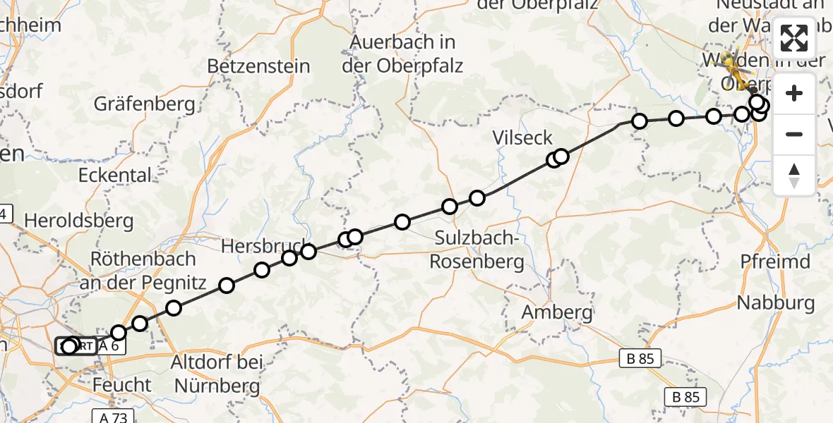 Flugroute Ambulanzhubschrauber Nürnberg South Hospital - Weiden in der Oberpfalz Flugplatz, 17 August 2026, 19:00