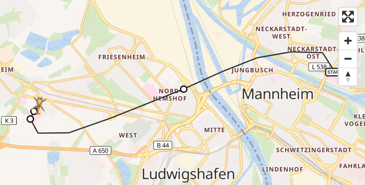 Flugroute Rettungshubschrauber Mannheim - Ludwigshafen Accident Hospital, 17 August 2026, 19:03