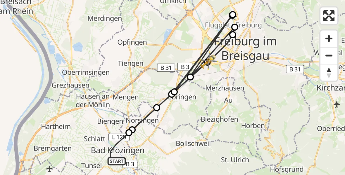 Flugroute Ambulanzhubschrauber Bad Krozingen - Freiburg im Breisgau, 17 August 2026, 19:15