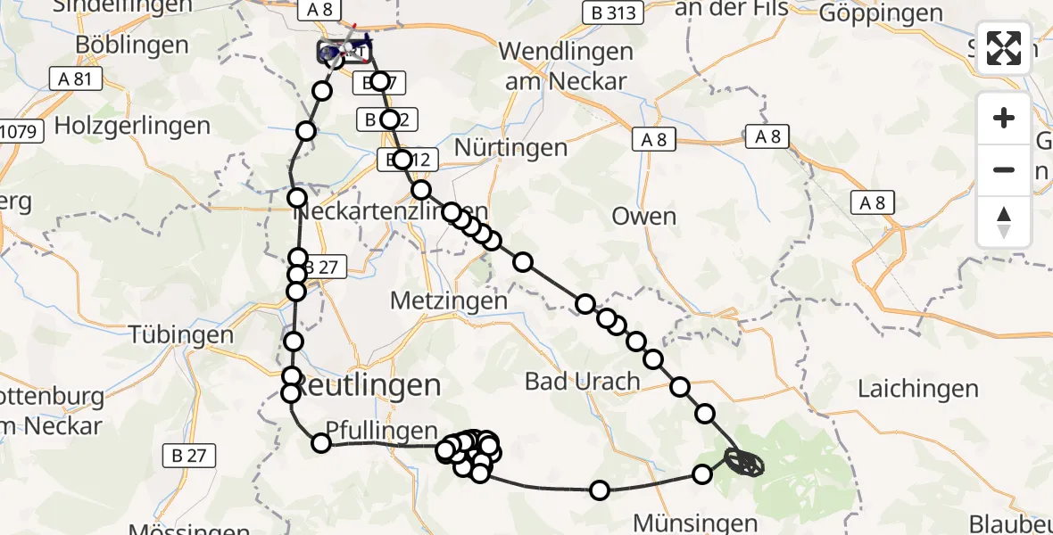 Flugroute Polizeihubschrauber Flughafen Stuttgart - Flughafen Stuttgart, 17 August 2026, 19:27