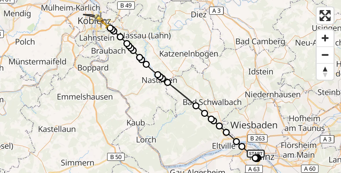 Flugroute Rettungshubschrauber Mainz - Koblenz, 17 August 2026, 19:29