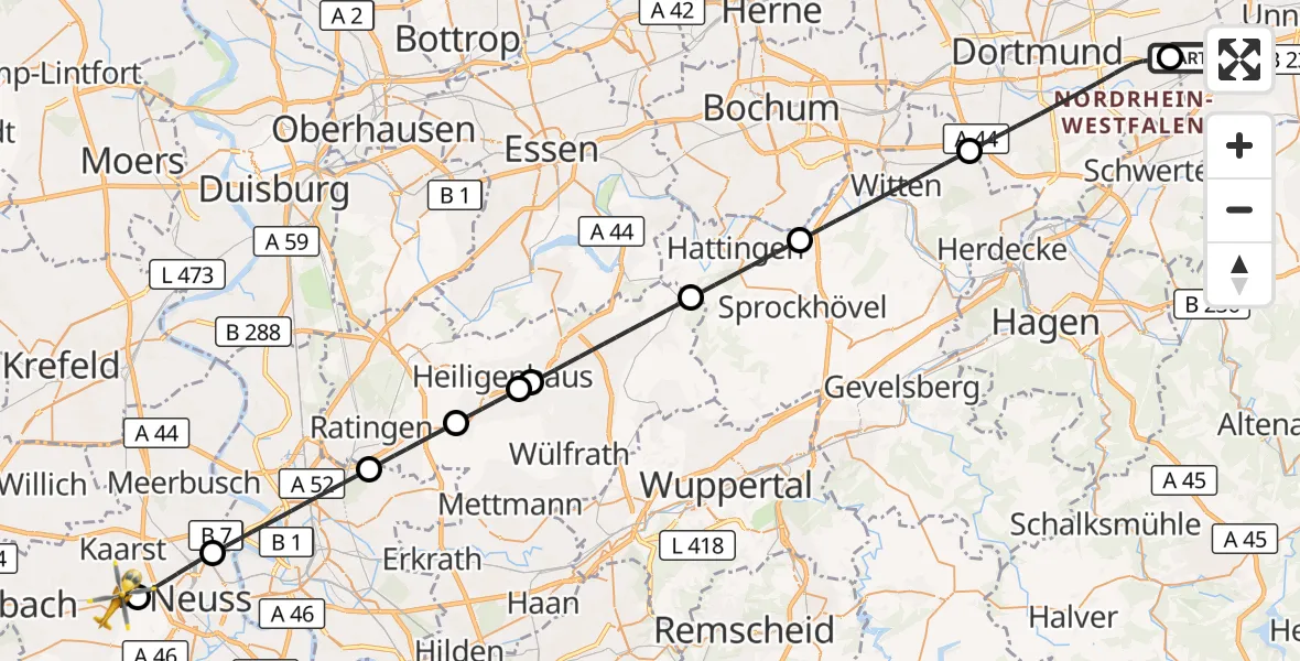 Flugroute Rettungshubschrauber Dortmund Flughafen - Kaarst, 17 August 2026, 19:56
