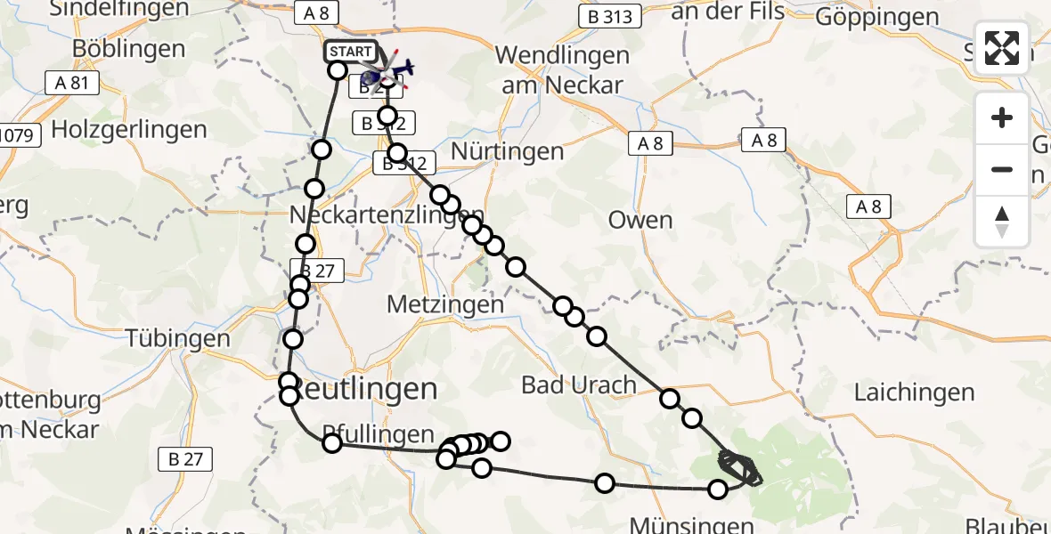 Flugroute Polizeihubschrauber Flughafen Stuttgart - Flughafen Stuttgart, 17 August 2026, 20:37