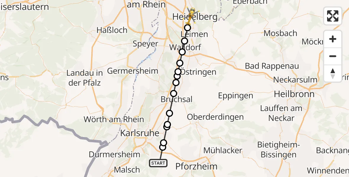 Flugroute Ambulanzhubschrauber Karlsbad - Heidelberg, 17 August 2026, 20:51
