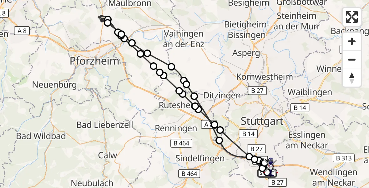 Flugroute Polizeihubschrauber Flughafen Stuttgart - Flughafen Stuttgart, 17 August 2026, 21:01