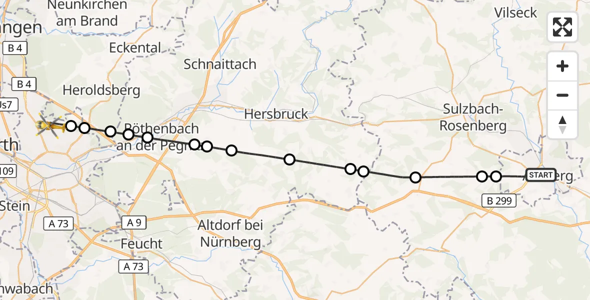 Flugroute Rettungshubschrauber Amberg - Flughafen Nuremberg, 17 August 2026, 21:33