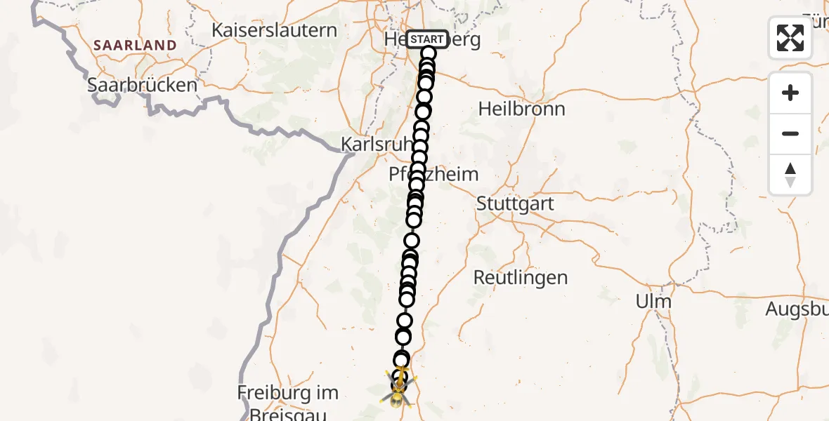 Flugroute Ambulanzhubschrauber Heidelberg - DRF Air Rescue Station Villingen-Schwenningen Hubschrauberlandeplatz (Christoph 11), 17 August 2026, 21:51