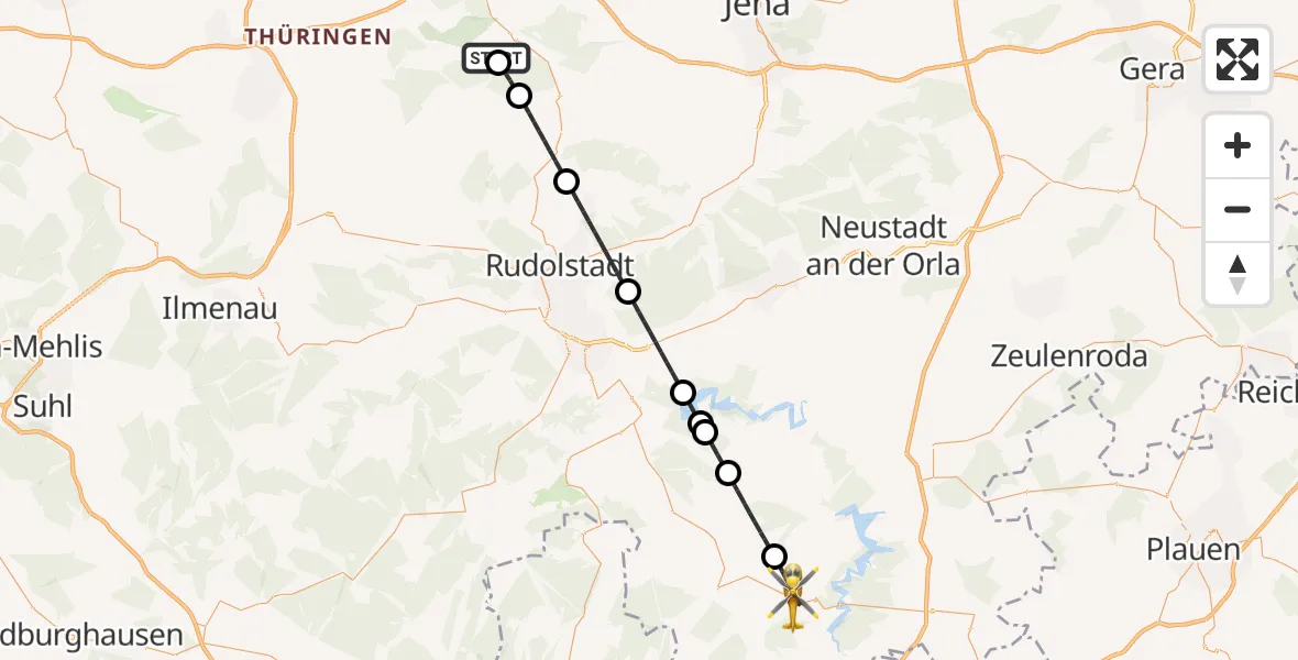Flugroute Ambulanzhubschrauber Bad Berka Central Hospital - Bad Lobenstein, 17 August 2026, 22:27