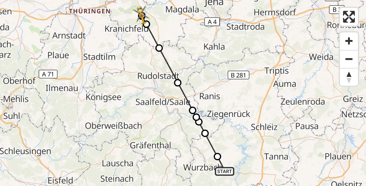 Flugroute Ambulanzhubschrauber Bad Lobenstein - Bad Berka Central Hospital, 17 August 2026, 23:03