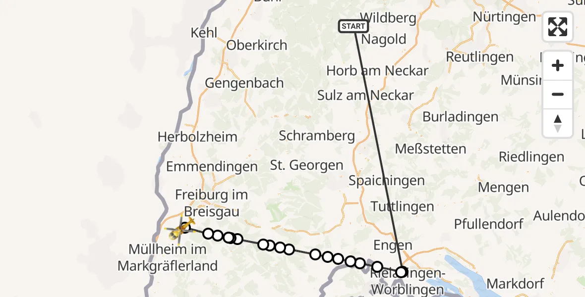 Flugroute Ambulanzhubschrauber Altensteig - Bad Krozingen, 18 August 2026, 03:24