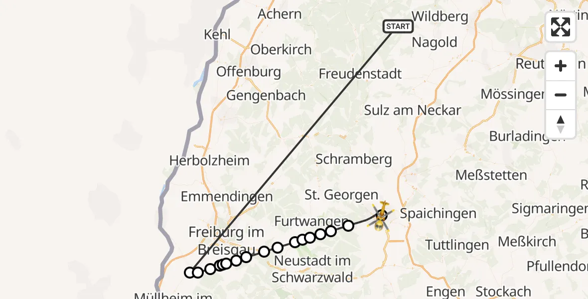 Flugroute Ambulanzhubschrauber Altensteig - DRF Air Rescue Station Villingen-Schwenningen Hubschrauberlandeplatz (Christoph 11), 18 August 2026, 04:40