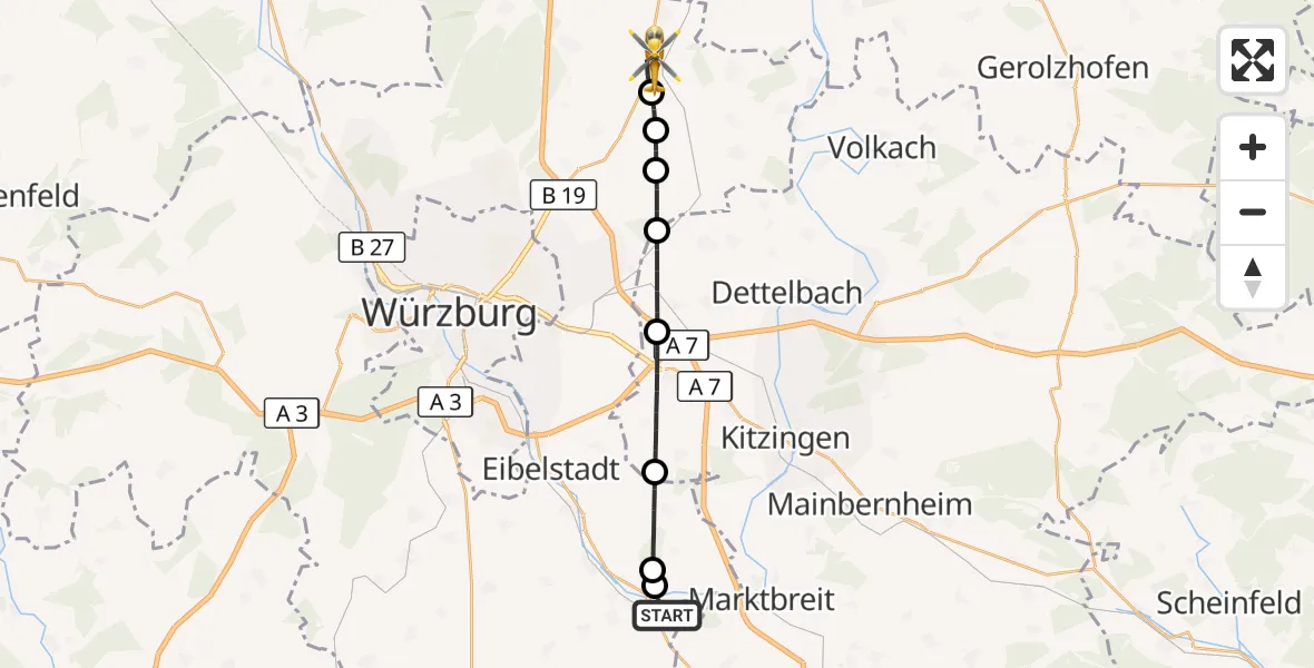 Flugroute Rettungshubschrauber Ochsenfurt - Bergtheim, 18 August 2026, 05:00