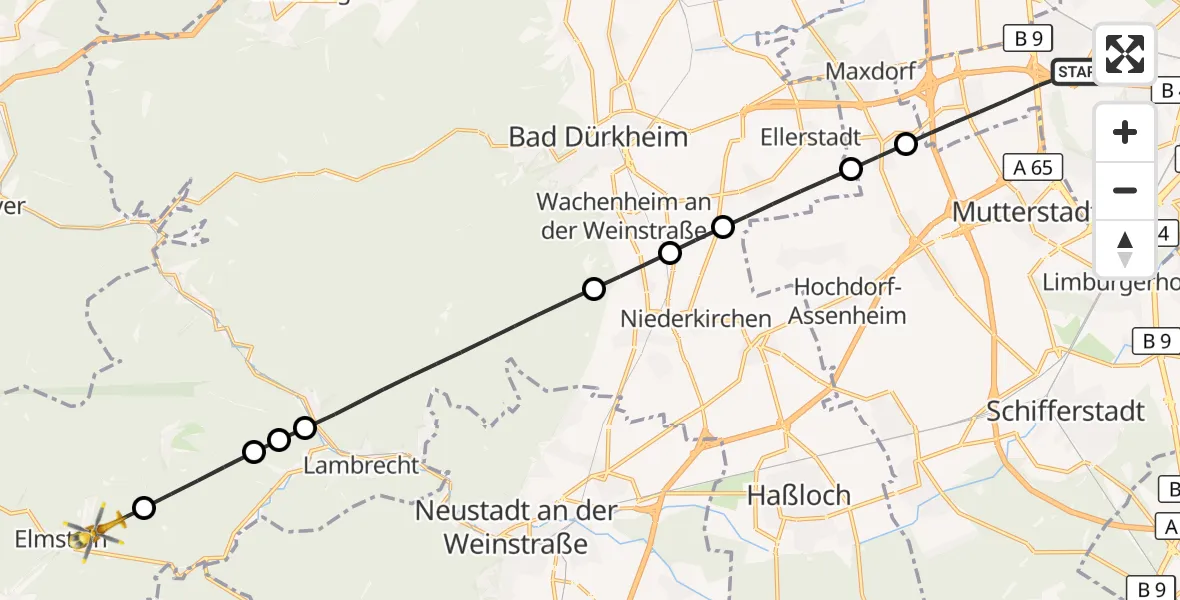 Flugroute Rettungshubschrauber Ludwigshafen am Rhein - Elmstein, 18 August 2026, 05:03