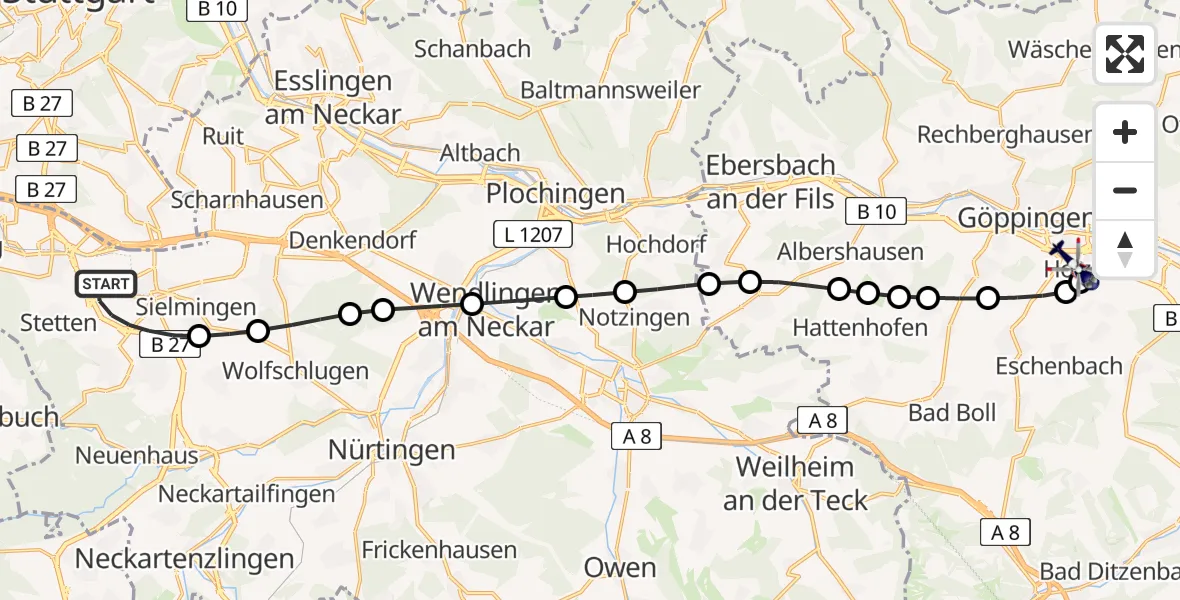 Flugroute Polizeihubschrauber Flughafen Stuttgart - Göppingen, 18 August 2026, 05:06
